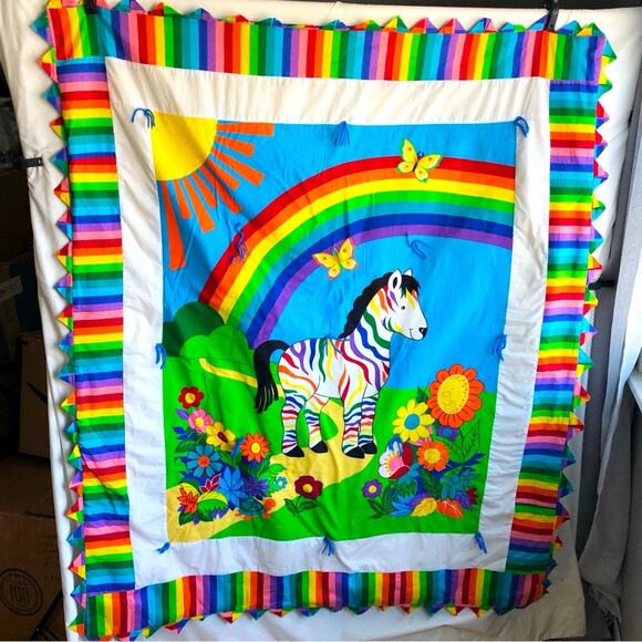 Vintage 80’s Handmade Rainbow Garden Zebra Quilt - Picture 1 of 7